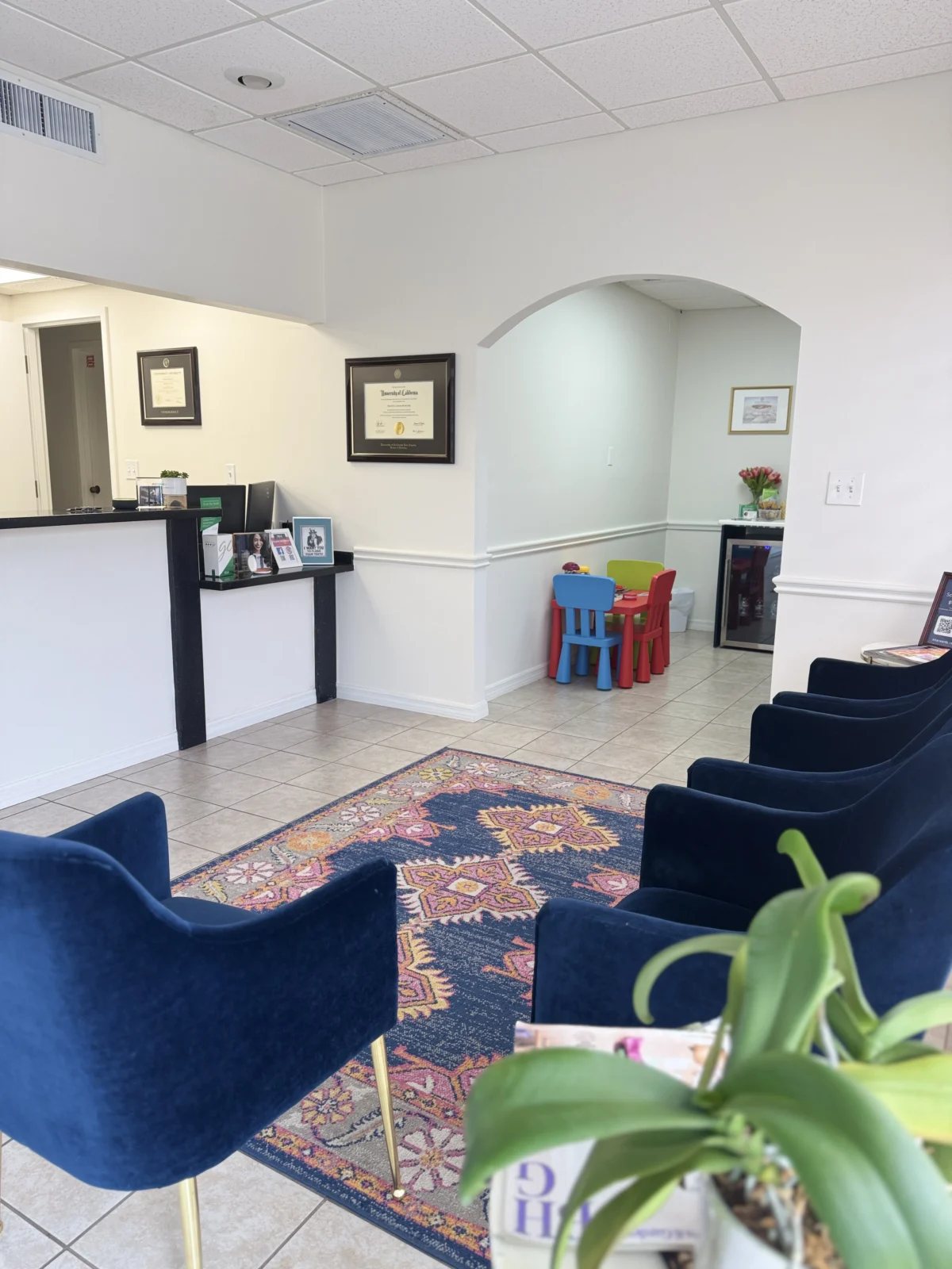 Hila Dental Lobby with Blue Chairs and a pink with blue carpet